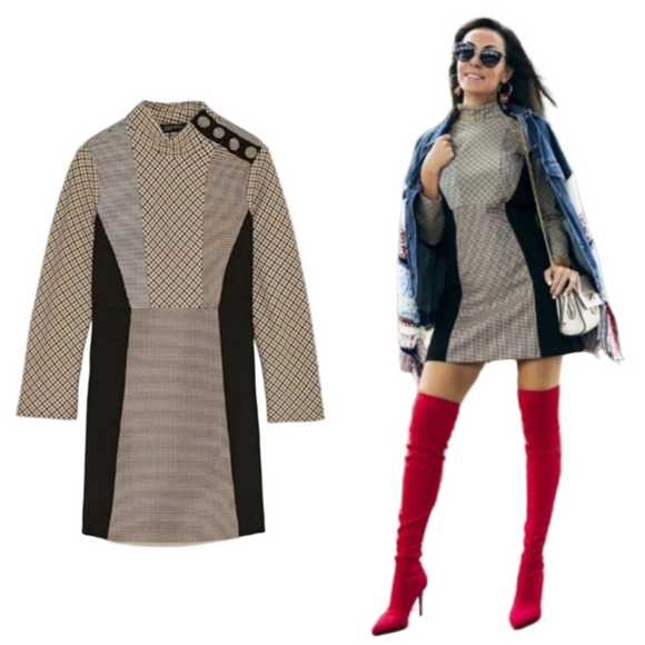 ZARA Retro Houndstooth Patchwork Mini Dress XS​ - Picture 1 of 14